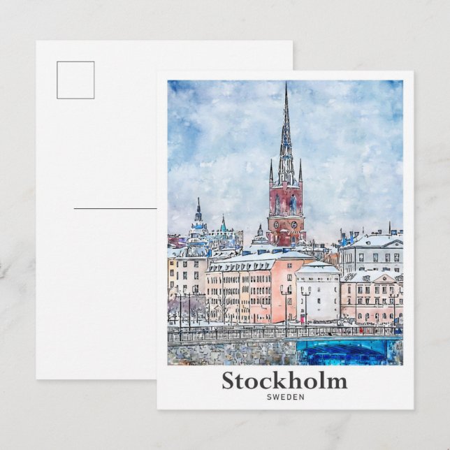 Stockholm Sverige Resa Akvarell Handritad Vykort (Fram/baksida)