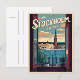 stockholm sverige resa vintage balkong utsikt pres vykort