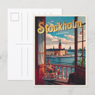 stockholm sverige resa vintage balkong utsikt pres vykort