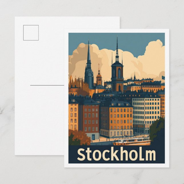 Stockholm Sverige Vintage Resa Illustration Vykort (Fram/baksida)