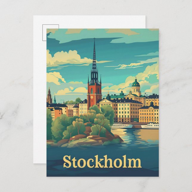Stockholm Sverige Vintage Retro Travel Illustratio Vykort (Fram/baksida)