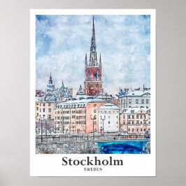 Stockholms Sverige Travel Watercolor Hand plockade Poster