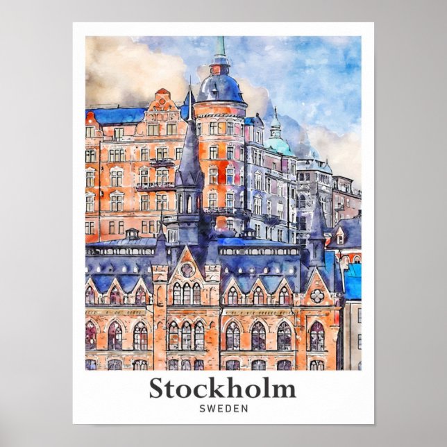 Stockholms Sverige Travel Watercolor Sketch Poster (Framsidan)