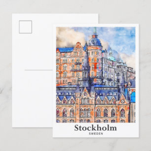 Stockholms Sverige Travel Watercolor Sketch Vykort