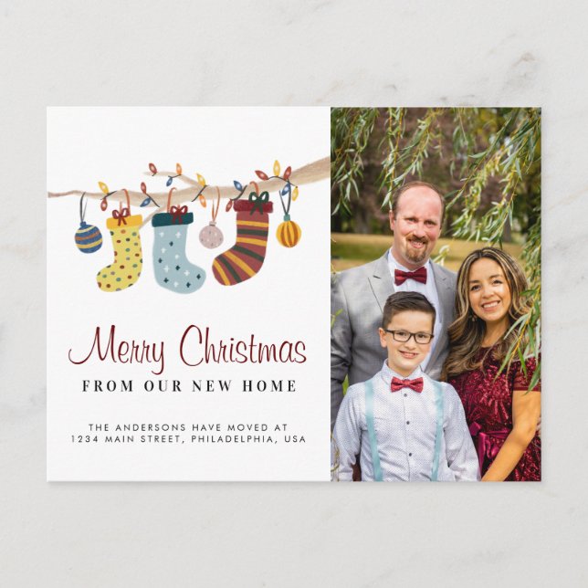 Stocking God jul New Home Photo Flytta Meddelande Vykort (Framsida)