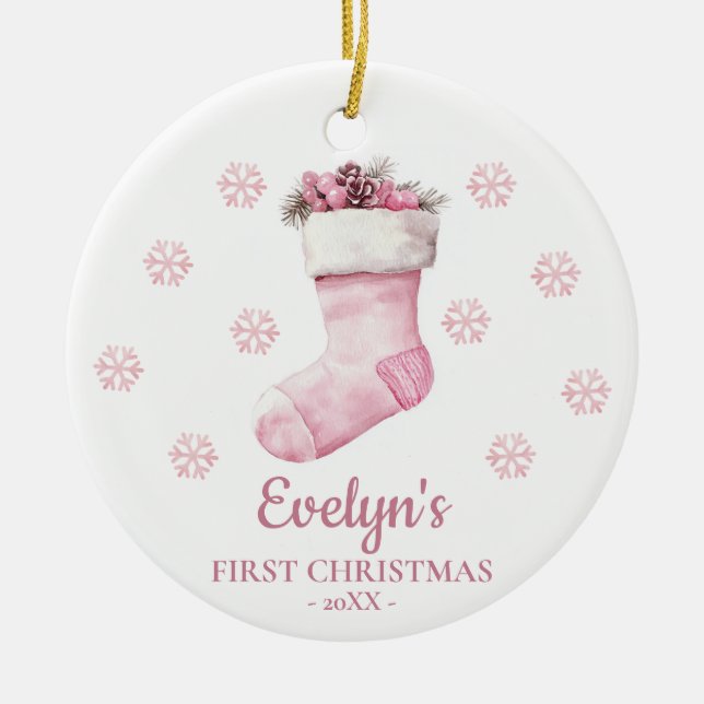 Stocking Personalized Girl's First Christmas Julgransprydnad Keramik (Framsidan)