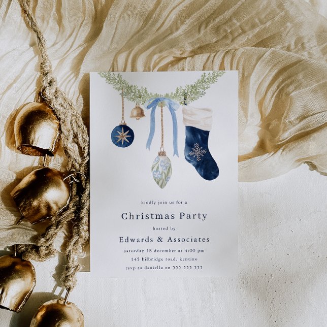 Stocking & Wreath Modern Blue Christmas Party Inbjudningar (Skapare uppladdad)