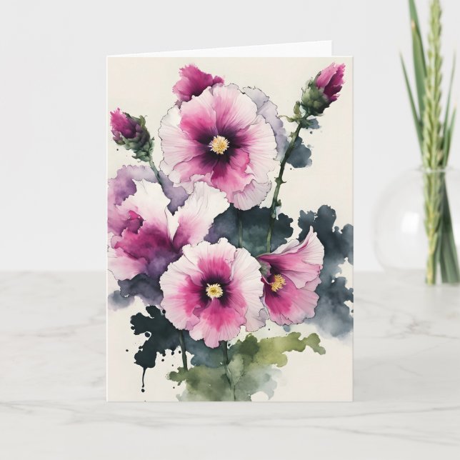 Stockros - Akvarellblommor Kort (Framsida)