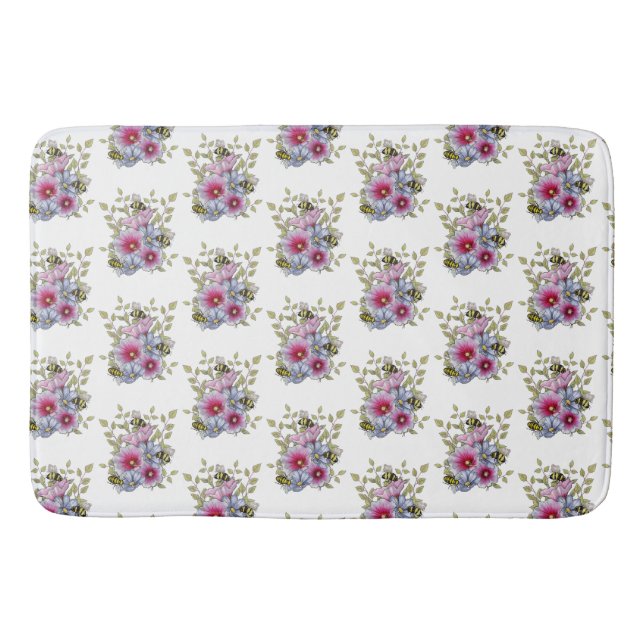 Stockrosor och blå blommor med humlor badrumsmatta (Framsidan)