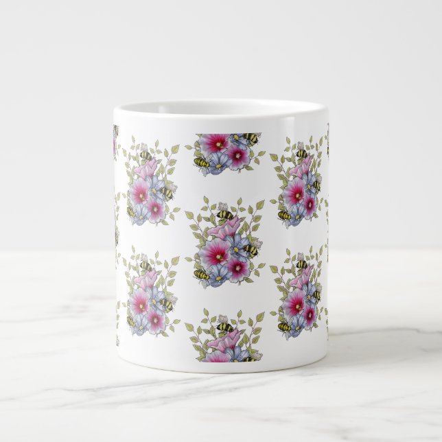 Stockrosor och Blå Blommor med Humlor Jumbo Mugg (Framsidan)