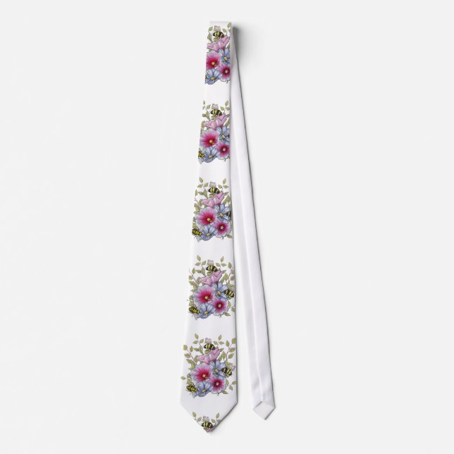 Stockrosor och Blå Blommor med Humlor Slips (Framsida)