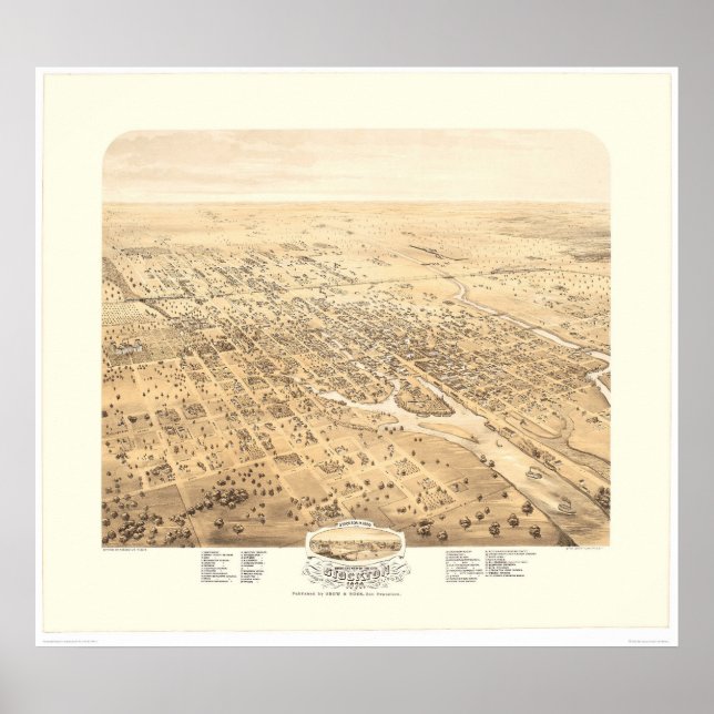 Stockton, CA Panoramic Karta 1870 (1667A) - återst Poster (Framsidan)