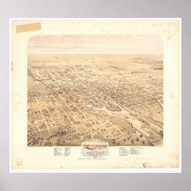Stockton, CA Panoramic Karta 1870 (1667A)-Unrestor Poster (Framsidan)