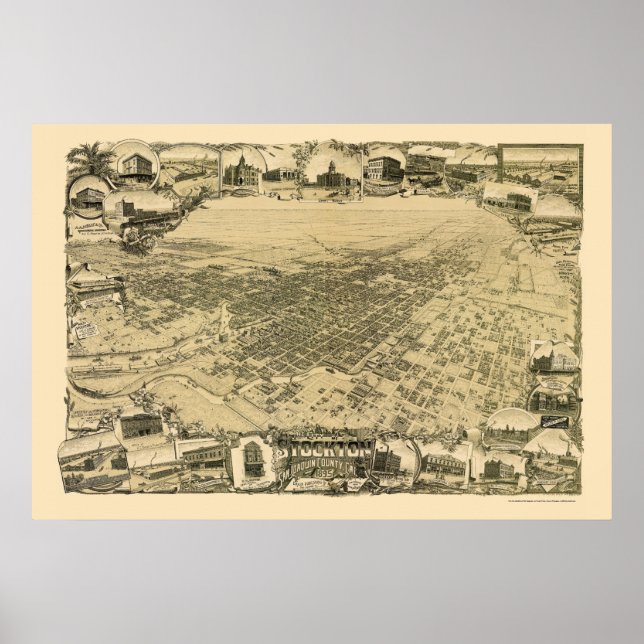 Stockton, CA Panoramic Karta - 1895 Poster (Framsidan)