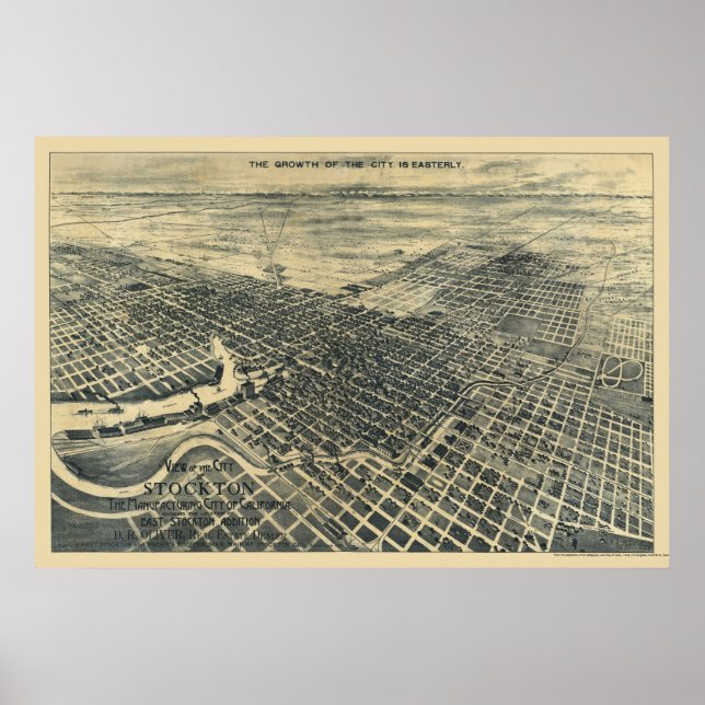 Stockton, CA Panoramic Karta - 1895 Poster (Framsidan)