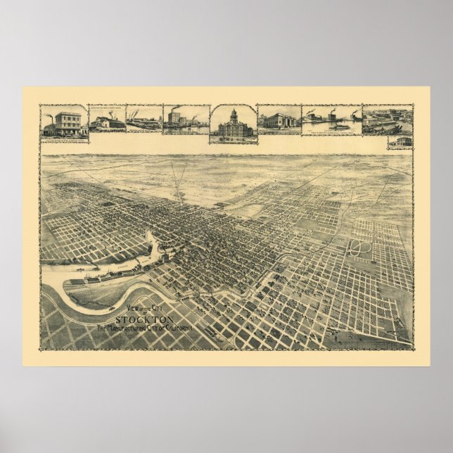 Stockton, CA Panoramic Karta - 1895b Poster (Framsidan)