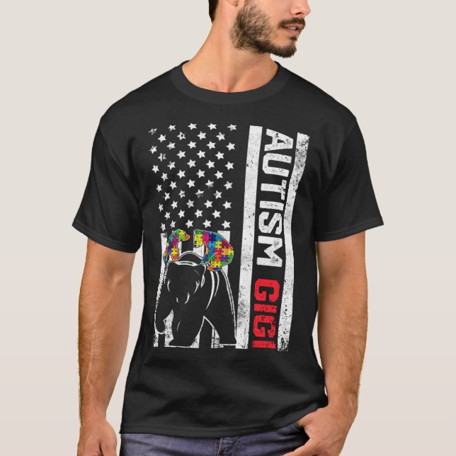 Stöd för amerikanska Flagga Gigi Bear Autism Aware T Shirt (Framsida)
