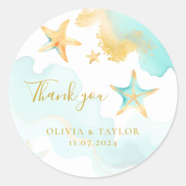 Stöd för Aqua & Guld Starfish Beach Tack Wedding Runt Klistermärke