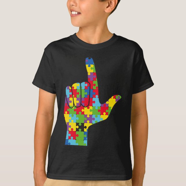 Stöd för ASL Kärlek-signering av autism-medvetande T Shirt (Framsida)