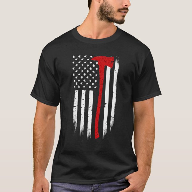 Stöd för Firefighter American Flagga Ax Firefighte T Shirt (Framsida)