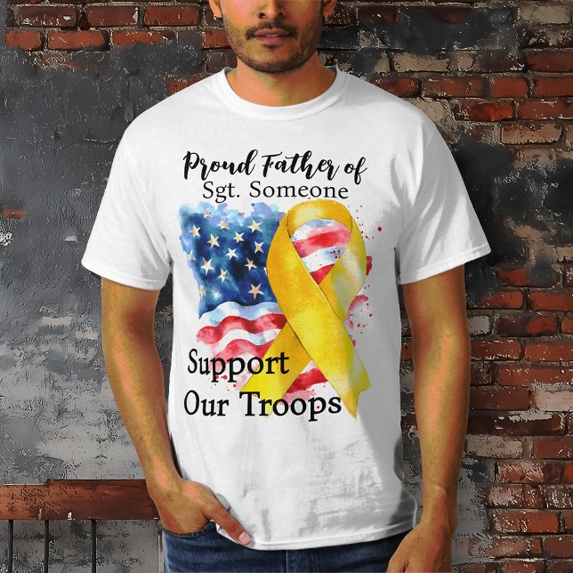 Stöd för menyfliksområdet Upplysning om Gult för v T Shirt (Support the Troops.  Proud Father of... Men's T-shirt. US Flag. Yellow awareness ribbon.)