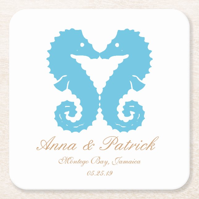 Stöd för sjöhästar-destinationsbacheminnets bröllo underlägg papper kvadrat (Framsidan)