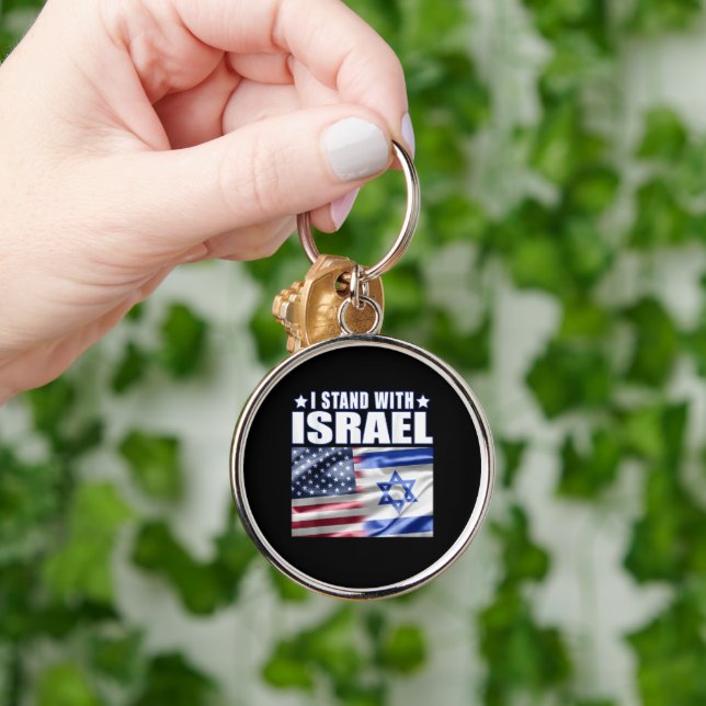 Stöd Israel Jag står med Israel  Rund Silverfärgad Nyckelring (Hand)