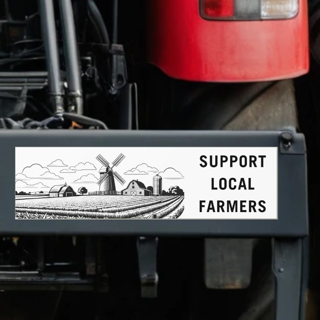 Stöd Lokala Bönder Åkerbruk Gård Vindkraft Jordbru Bildekal (A bumper sticker with 'Support Local Farmers' slogan, with line art picture of farmland and windmill)