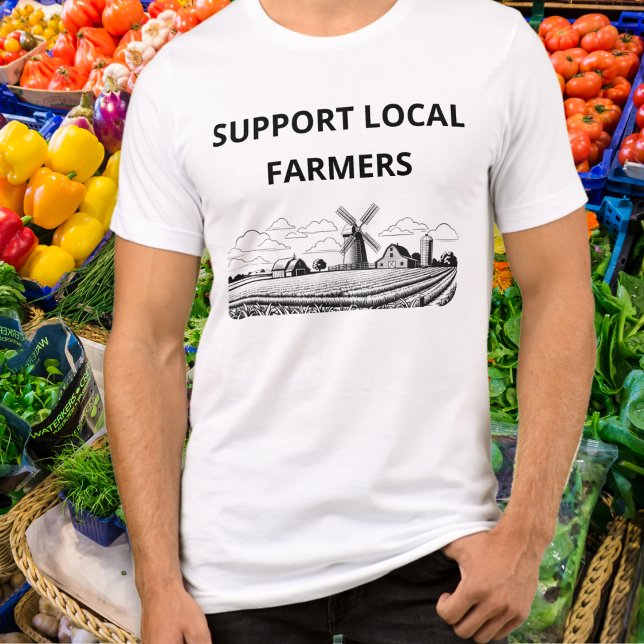 Stöd till lokala jordbrukare Jordbruksjordbruk T Shirt (A t-shirt with 'Support Local Farmers' caption and line art arable farm picture with windmill)