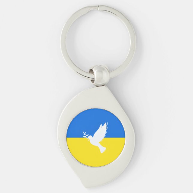 Stöd Ukraina Keychain Peace Dove Ukrainas Flagga Swirl Silverfärgad Nyckelring (Framsidan)