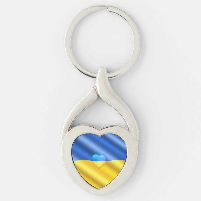 Stöd Ukraina - nyckelkedjan Ukrainas Flagga - frih Twisted Heart Silverfärgad Nyckelring (Framsidan)