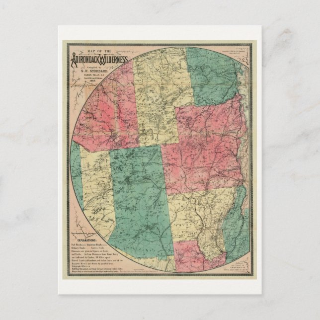 Stoddards Karta i Adirondack Wilderness 1883 Vykort (Framsida)