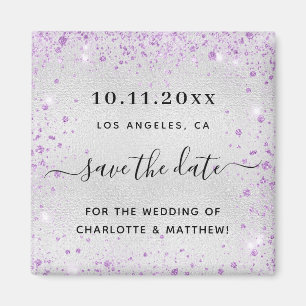 Stoft från lila glitter vid bröllop sparar datum magnet