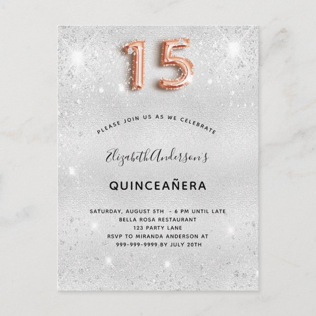 Stoft från Quinceanera silver metall ro guld glitt Inbjudan Vykort (Framsida)