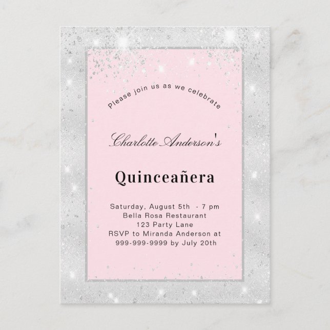 Stoft från Quinceanera silver  rosa glitter Inbjudan Vykort (Framsida)