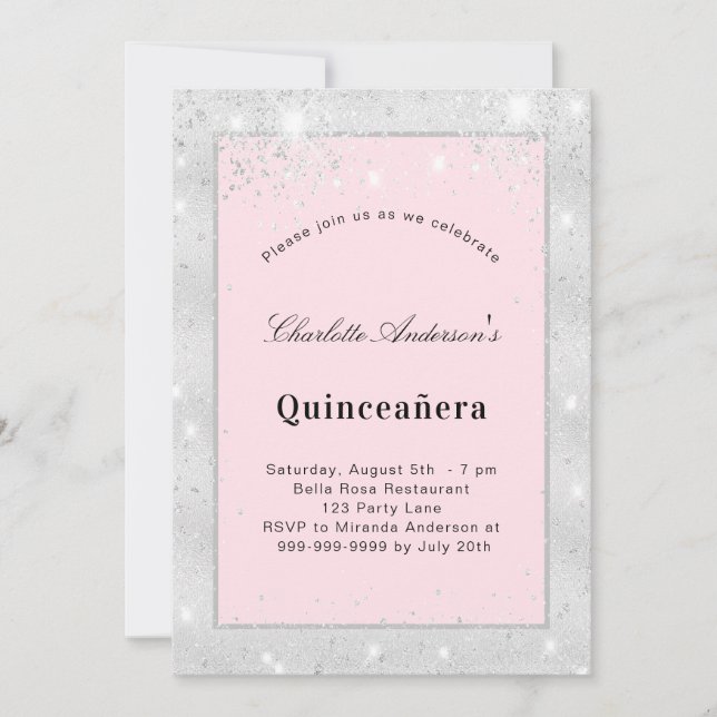 Stoft från Quinceanera silver  rosa glitter Inbjudningar (Framsida)