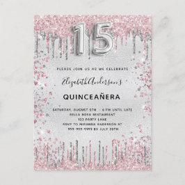 Stoft från Quinceanera silver rosa metall glitter Inbjudan Vykort