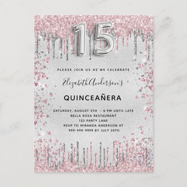 Stoft från Quinceanera silver rosa metall glitter Inbjudan Vykort (Framsida)