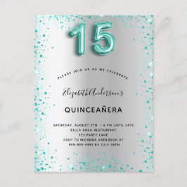 Stoftinbjudan från Quinceanera silver teal glitter Vykort