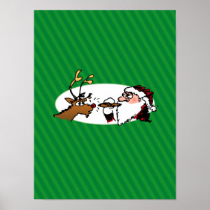 Stogie Santa and Reindeer på Grönt Rand Poster
