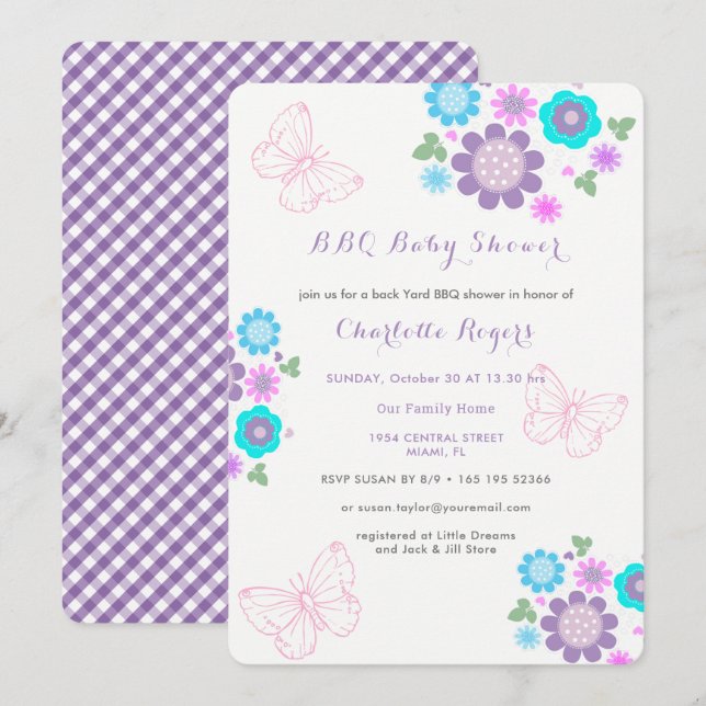 Stollig Butterfly Flowers BBQ Backyard Baby Shower Inbjudningar (Fram/baksida)