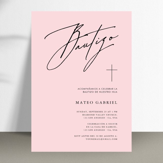 Stollig Calligraphy Baptism Rosa Spain Bautizo Inbjudningar (Skapare uppladdad)