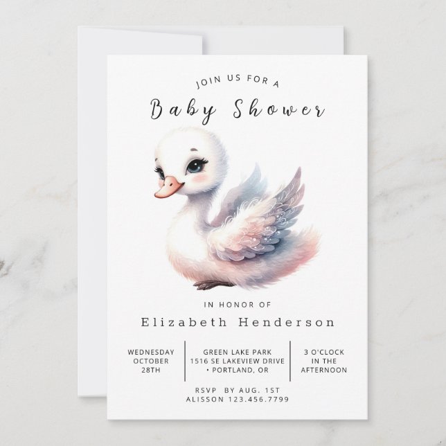 Stollig Editable Svan Baby Shower Inbjudningar (Framsida)