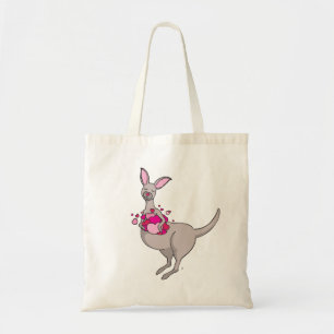 Stollig grått kangaroo med påse av rosa tygkasse