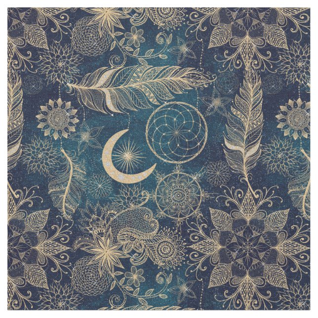 Stollig Guld Glitter Dreamcatcher Feathers Mandala Tyg (Närbild)