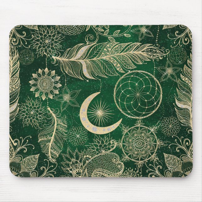 Stollig Guld & Grönt Dreamcatcher Feathers Mandala Musmatta (Framsidan)