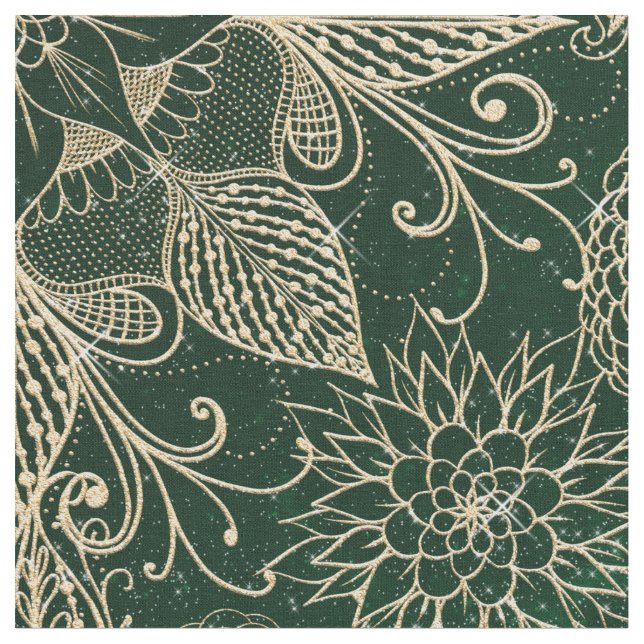 Stollig Guld & Grönt Dreamcatcher Feathers Mandala Tyg (Närbild)