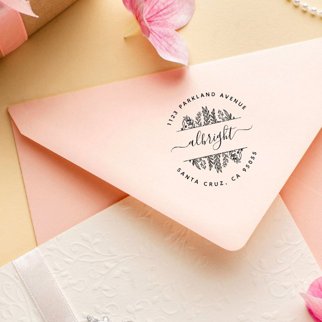 Stollig Handritad Löv Rund Returadress Självfärgande Stämpel (Skapare uppladdad)