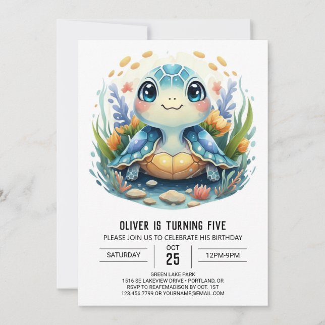 Stollig Printable Watercolor Turtle Boy Birthday Inbjudningar (Framsida)