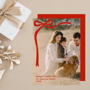 Stollig Red Ribbon Simple Elegant Photo Jul Julkort